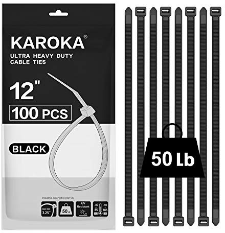 Zip Ties 12 inch (100 Pack), Black, 50 lb, UV Resistant Cable Ties for indoor and outdoor use, by Karoka