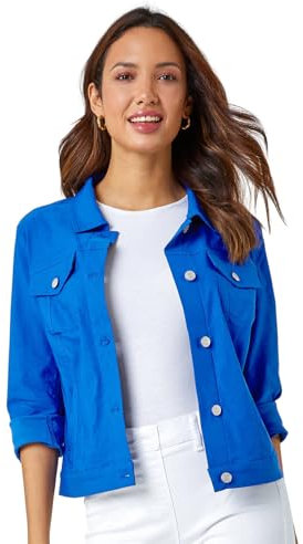 Roman Originals Stretch Jacket for Women UK - Ladies Denim Jean Summer Coat Bengaline Casual Smart Utility Trucker Biker Fitted Classic Work Spring Soft Vintage - Royal Blue - Size 14