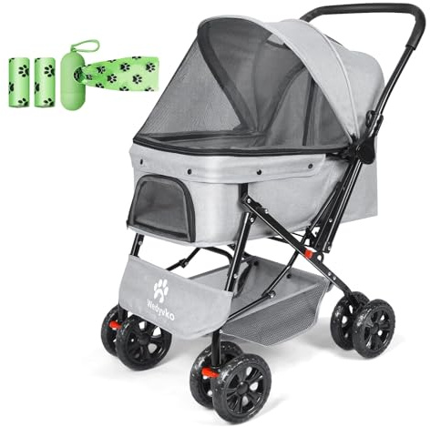 Pet Strollers, Foldable Cat Dog Strollers, Pet Dogs Stroller with Storage Basket, 360° Front Wheel Rear Wheel with Brake, Lightweight Travel Stroller for Small Medium Dogs&Cats (Light Grey)