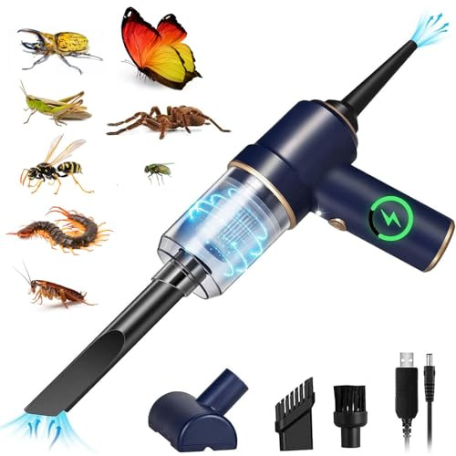 5 in 1 Handheld Vacuum and Blower Cordless Rechargeable Bug Vacuum Catcher for Insect Stink Bug Spider, Portable Vacuum Cleaner Strong Suction Bug Sucker for Car Kitchen Pet Hair, Dry & Wet Use, Blue