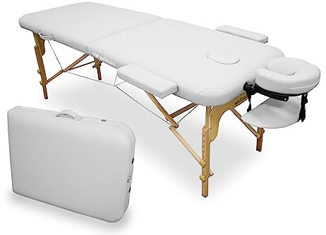 Quirumed WELLCORE Massageliege, klappbar, aus Holz, Kunstleder, 185 x 65 cm, höhenverstellbar, Abnehmbarer Kopf, Zwei Erweiterungsarme, Gesichtsloch, Weiß, bis 225 kg