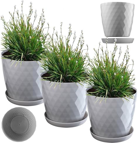 KADAX, set di vasi in plastica con sottovaso, vaso da fiori in materiale leggero, vaso decorativo per erbe aromatiche, vaso per fiori, piante, cactus e piante grasse (Set di 3 – 18 cm, grigio)