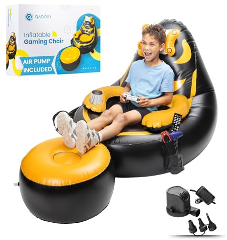 Qadory Inflatable Gaming Chair for Kids – Supports Up to 300 lbs, Includes Air Pump, Cup Holder, 2 Pockets – Durable Bean Bag Seat, Comfy Kids Gaming Chair & Top Gamer Chairs for Kid Room