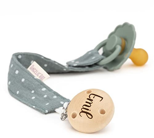 AngelicArt Schnullerband mit Gravur Namen für Jungs und Mädchen - große Farbauswahl - Musselin gepunktet (Dunkelmint)