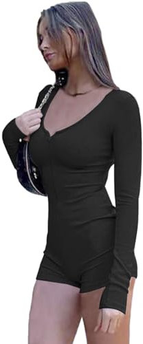 RPAEOY Damen Jumpsuit Langarm Reißverschluss Rundhalsausschnitt Gerippter Hosenanzug Strampler Overall Playsuit Bodycon Shorts Bodysuit Sexy Sportkleidung Trainingsanzug für Yoga Workout (Schwarz,S)