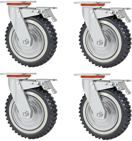 DBREAKS Ruedas para cargas pesadas, ruedas de transporte de 200 mm de diámetro, 4 ruedas giratorias con freno, ruedas de goma maciza de 360°, 2000 kg para mesa de soldadura