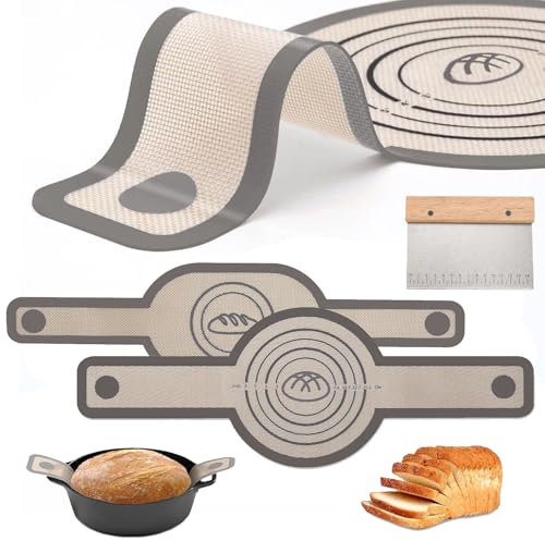 VBNZBK 2 Stück Silikon Backmatte Brot für Holländische Öfen, Wiederverwendbare Backmatten mit Langen Griffen, incl. 1 Messskaliertem Teigschneider, Antihaftend und Leicht zu Reinigen