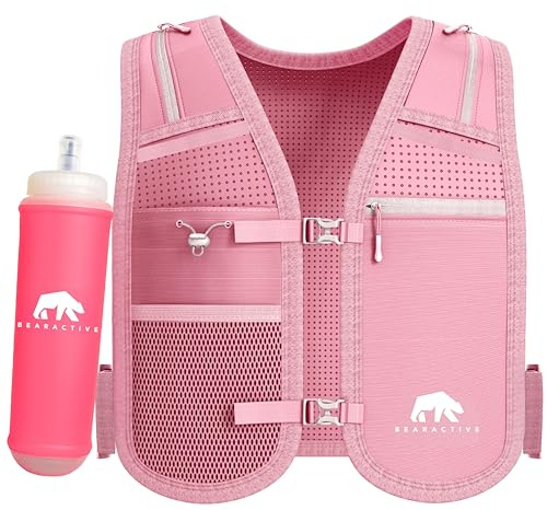 Bearactive Running Phone Holder with 500ml Water Bottle - Adjustable Strap and 6 Pockets - Running Hydration Vest for Women & Men (Pink, One Size)