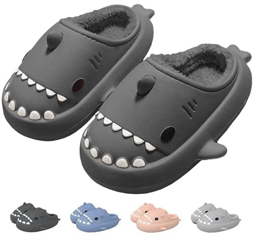 IDEINER Invierno Tiburón Zapatillas Mujer Hombre Forro de Felpa Tiburón Pantuflas Peluche Winter Shark Slides Térmico Impermeable Antideslizantes Cómodo Casa Slippers Adulto Negro Talla 38/39