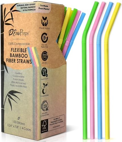 EcoPreps Colorful Biodegradable Flexible Drinking Straws | Bendable 150 Count, 100% Compostable, Plastic-Free, Eco-Friendly Straws for Cold Drinks | 7.8'' Multi-Color Bamboo Fiber Disposable Straw Set