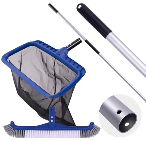 POOLAZA Pool-Reinigungsset, inklusive Poolbürste und ultrafeinmaschigem Pool-Skimmernetz mit Stange, Poolkescher und 44 cm Poolbürstenkopf mit 3,2 m Aluminium-Poolstange, Poolkescher und Bürste mit