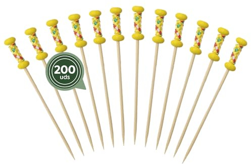 MAXI PRODUCTS - 200 Pinchos Bambú Decorados Agarrador Trenzado Amarillo - 12 cm - Palillos para Aperitivos - Pinchos Degustación Catering - Palillos Cóctel, Fruta, Aperitivos - PINCHO BAMBÚ