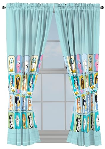 Sunny Side Up Window Curtains for Kids Bedroom 4-Piece Drape Set with 2 Tiebacks, Teal - Bluey, 42 W x 63 L (Pack of 2)
