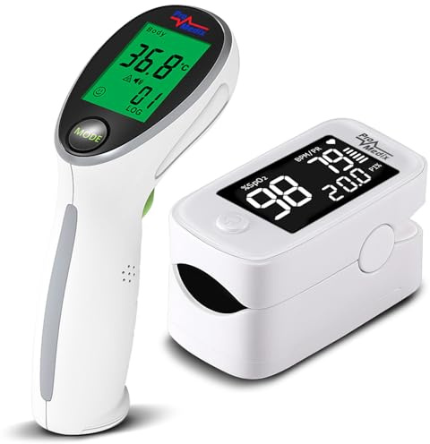 ProMedix Pulsoximeter Fingerpulsoximeter mit 1.5” HD LED Display | Präzise Messung der Sauerstoffsättigung (SpO2) und Herzfrequenz (Pulsoximeter + Infrarot-Thermometer)