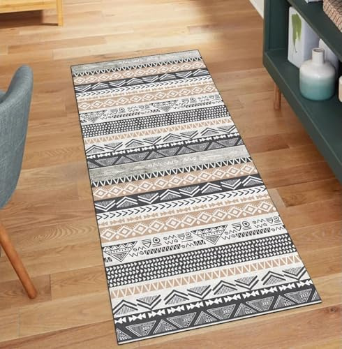 QQrunner Alfombra de pasillo antideslizante, 70 x 200 cm, alfombra de cocina, larga, lavable, gris, estilo bohemio, por metros, para pasillo, poliéster, salón, alfombra atrapa la suciedad
