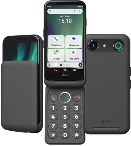 Doro - Aurora A20 Flip Smartphone - Seniorentelefon - Einfach zu bedienen - Hilfetaste mit GPS-Ortung - Hörgerätekompatibel - USB-Kabel im Lieferumfang - Weiß