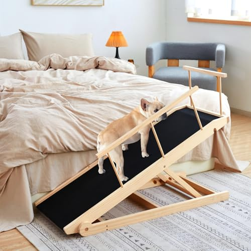 Rampa per cani per letto e divano, rampa regolabile in 5 gradini per cani di piccola e grande taglia (legno, 115)