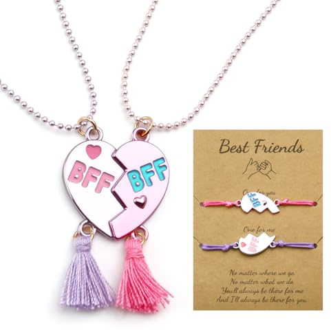 Qoncosy BFF Necklace and Bracelet Set for 2 – Matching Heart Pendant Jewelry Gift for Women, Best Friends, Sisters, and Teens (Purple & Pink) (Purple & Pink)