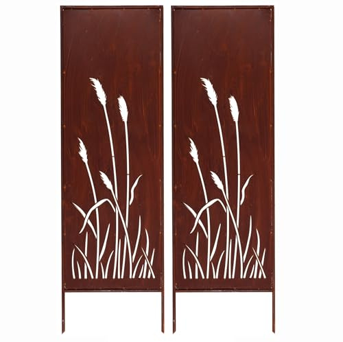 Kapaga - Lot de 2 brise-vue en métal - 160 x 50 cm - Aspect rouille - Brise-vue pour jardin - Brise-vue - Décoration de jardin - Clôture - Rouille (herbe de la pampas)