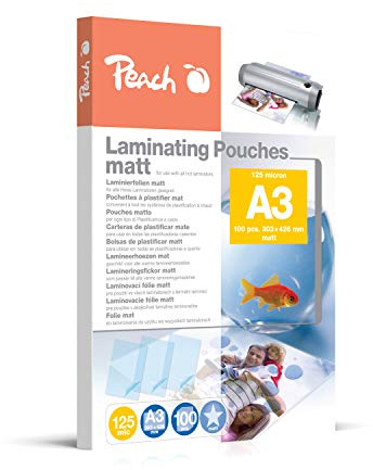 Peach Pellicole plastificatrici A3 – 125 mic – 100 pouches – opaco – scrivibile – qualità premium per i migliori risultati di laminazione – compatibile con dispositivi di tutti i produttori –