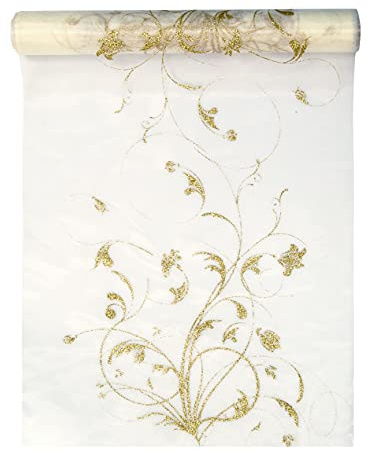 Chemin de Table en Organza - 9 m x 36 cm - Motif Floral crème et doré - Semi-Transparent - pour Mariage ou Noël