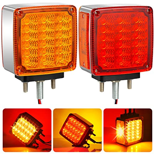 Aukmak 2pcs Amber + Red 39 LED Square Pedestal Lights Stud Mount Trailer Fender Lights Double Face Semi Truck LED Turn Signal Light Trucks Accessories Side Marker