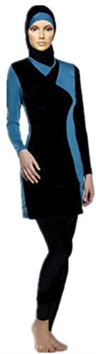 YEESAM Muslim Swimsuits for Women, Long Sleeve Islamic Burkini Modest Swimwear (Blue & Black, Asia L)