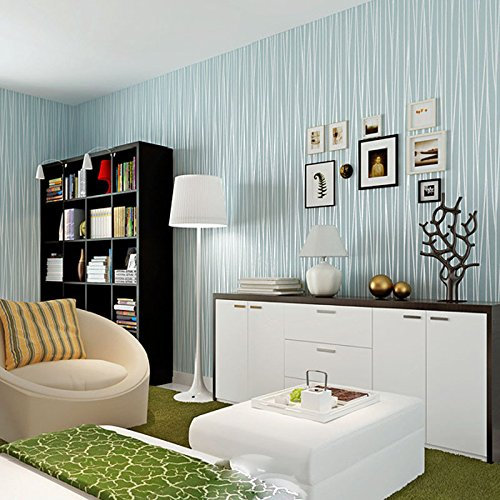 Ketian moderne Mode classique Flocage Uni à rayures courbe papier peint non tissé papier mural pour salon Chambre à coucher papier peint Rouleau de, bleu clair, 0.53mx 10m=5.3m2