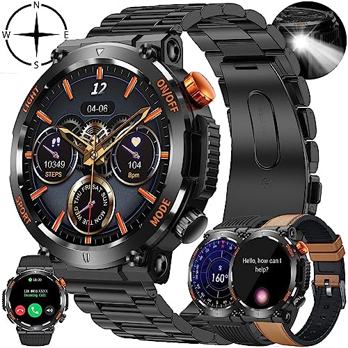 Smartklocka Mäns Smart Watch med Samtal, Fackla, Kompass Vattentät Smart Watch Sport Stegräknare Hjärtfrekvensmätare Blodtrycksmätare Armband Aktivitet 1.46 Cal Digital Klocka för IOS Android (Svart)
