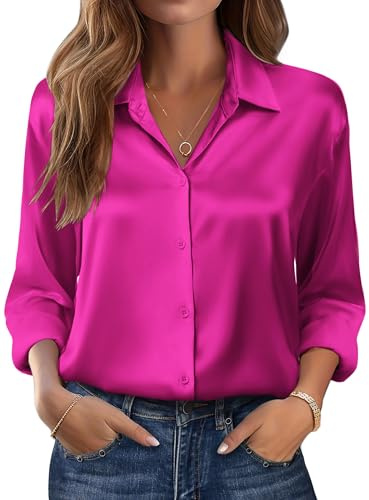 Zeagoo Chemise Satin Femme à Manches Longues Chemisier Chic en Soie Artificielle Haut Fluide et Élégant Col en V Style Business Décontracté Rose M