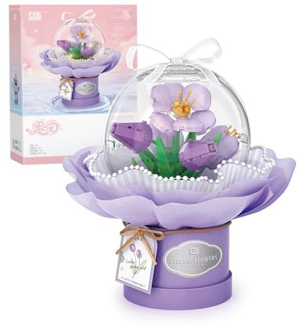 MEIEST Ensemble de Blocs de Construction pour Bouquet de Fleurs, Fleurs artificielles avec dôme Anti-poussière pour la Saint-Valentin,Briques de Construction pour Plantes bonsaï(Purple Tulip)