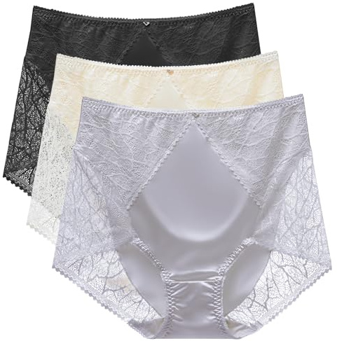 CIZEUR Culotte Satin Taille Haut en Dentelle Shorty Femme Ventre Plat Grande Taille Culotte Menstruelle,L multicolore-3psc