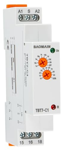BAOMAIN TBT7-C1 Relé Temporizador Multifunción, Retardo al Apagado (Off Delay), 16A SPDT, Voltaje Universal 12-240V CA/CC, Montaje en Carril DIN, Temporizador Electrónico de Alta Carga, CE