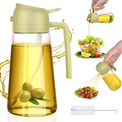 HUAERSICO 2 in 1 Ölsprüher für Speiseöl 470ml - Dickes Glas Ölsprühflasche mit Ölbürste und Reinigungsbürste- Anti-Tropf Design Airfryer Öl Spray für Grillen, Kochen