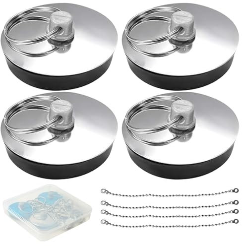 FINEASY4 Pièces Bouchon Baignoire, Bouchon Evier Cuisine, Bouchon Lavabo Salle de Bain, Bouchon d'Evier avec Chaîne à Billes, Diamètre 33 à 37 mm, pour évier de Cuisine ou de Baignoire