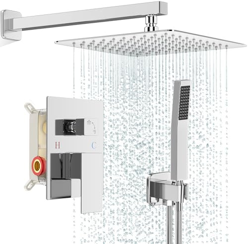 FPXRNG Shower Faucet Set Bathroom Square Rain Shower Head and Handle Set, Wall Mounted Shower Fixtures, Full Metal Trim Repair Kit 10 inch Polished Chrome (With Shower Valve)
