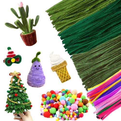 TARKDAK Pfeifenreiniger 400 Stück Pfeifenreiniger zum Basteln DIY Grasgrün Pfeifenreiniger Chenilledraht Biegeplüsch Basteldraht 30CM für Kreative Projekte Basteldeko, mit 100 STK Plüschball