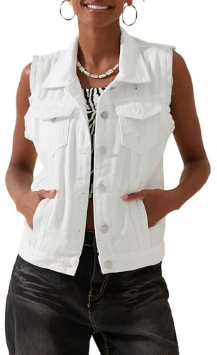 SANSIWU Womens Vintage Washed Denim Vest Solid Color Sleeveless Lapel Button Down Jean Waistcoat Lightweight Cardigan Jacket Tank Tops