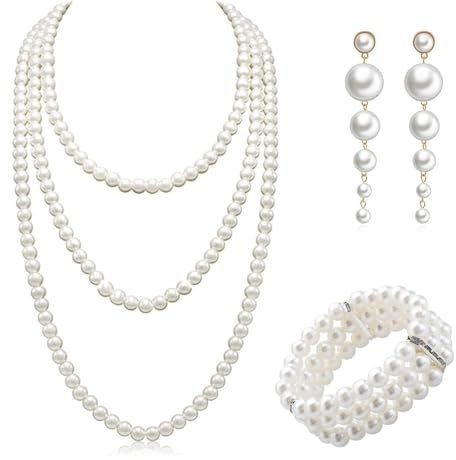 ZXJLWR Perlenkette, 3 Stück 20er Jahre Kostüm Damen, Elegant Perlen Schmuck, 3-Row Stretch Bead Armband MIT Perlen Ohrringe, Perlenschmuck Set Damen Für Party, Prom, Wedding
