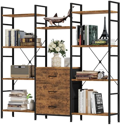 OYRREU 120W x142Hcm Alta Libreria con 3 Tessuto Cassetti, 10 Cubi Libreria Scaffale Legno Rustico, Verticale&Salvaspazio, Scaffale Librerie per Soggiorno, Camera da Letto, Cameretta, Cucina, Giardino