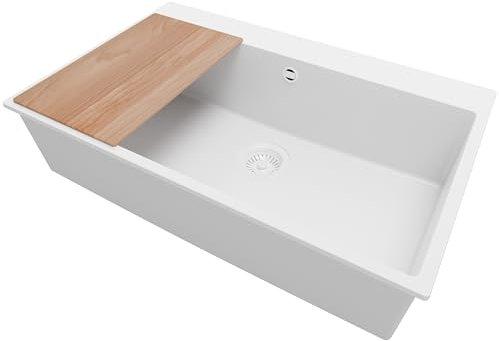 PRIMAGRAN Evier Cuisine en Granit Tout Blanc 78x50cm, Lavabo 1 bac + Kit de Vidage + Planche à Découper, Évier à Encastrer al mueble 80cm - Riga S248