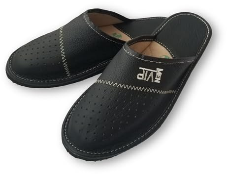 MARKA WYROBY WEŁNIANE - Pantofole da uomo - pantofole estive - in pelle, con suola in pelle - chiuse, con fori, scritta VIP - Ciabatte, Nero , 38 EU