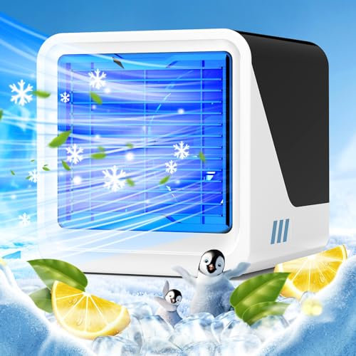 Climatiseur Mobile, Ventilateur USB 3 en 1 avec Refroidissement par Eau, Réservoir d'eau de 500 ML, 3 Vitesses, Lumières 7 Couleurs, Climatiseur Portable Rafraîchisseur d'air pour Chambre et Bureau