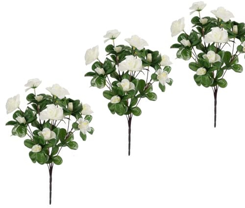 Artificial Azalea 3 Bundles - White Silk Fabric Fake Flowers Plants for Outdoor, Real Look, UV Resistant Flowers for Porch Patio Balcony Decoration