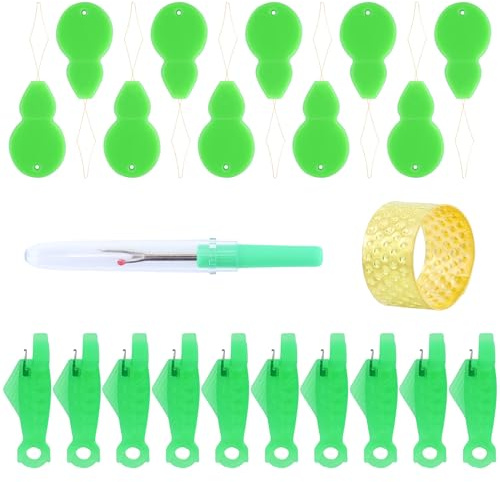 SAMANTHAHALLLTD Lot de 22 enfile-aiguilles comprenant des fils en forme de poisson, des kalabas, des dés à coudre et un extracteur de fil, en plastique, accessoires de couture verts, accessoires de