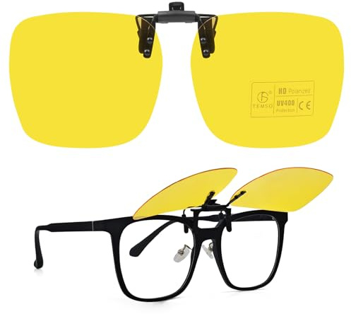 TEMSO Clip on Driving Glasses Polarised,Night Vision Clip on Night Driving Glasses for Women Men,Anti Glare Reduce Dizzling Headlights, Brighten and Clear Vision|Yellow Lens|Square
