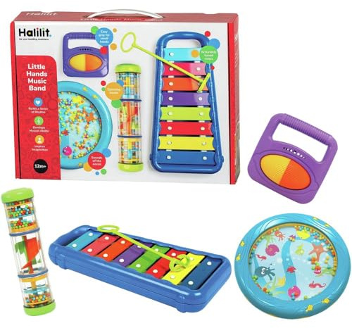 Halilit Little Hands Music Band Musical Instrument Gift Set. Baby Xylophone, Ocean Drum, Rattle Roller and Rainbospinner. Toddler Sensory Musical Toys. Suitable for Boys & Girls 12 months +