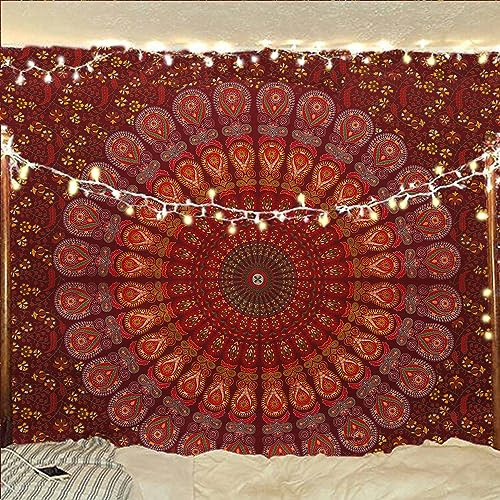 Bless International Handmade Indian hippie Bohemian Psychedelic Peacock Mandala Wall hanging College Dorm Beach Throws Table Cloth Bedding Tapestry (Maroon Yellow, Medium(54x60Inches)(137x152cms))
