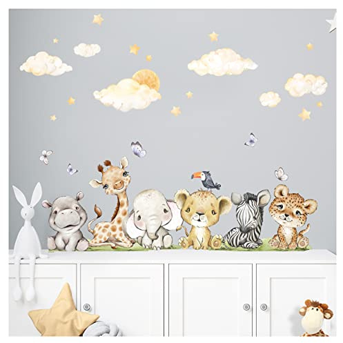Little Deco Wandsticker Safari Tiere Set Kinderzimmer Wandtattoo Wolken Löwe Babyzimmer Wandaufkleber Deko DL957-5