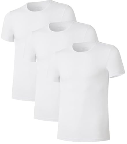 COLORFULLEAF Confezione da 3/5 magliette da uomo in bambù con scollo a V, girocollo, maglietta da lavoro in tinta unita, Girocollo bianco, M plus